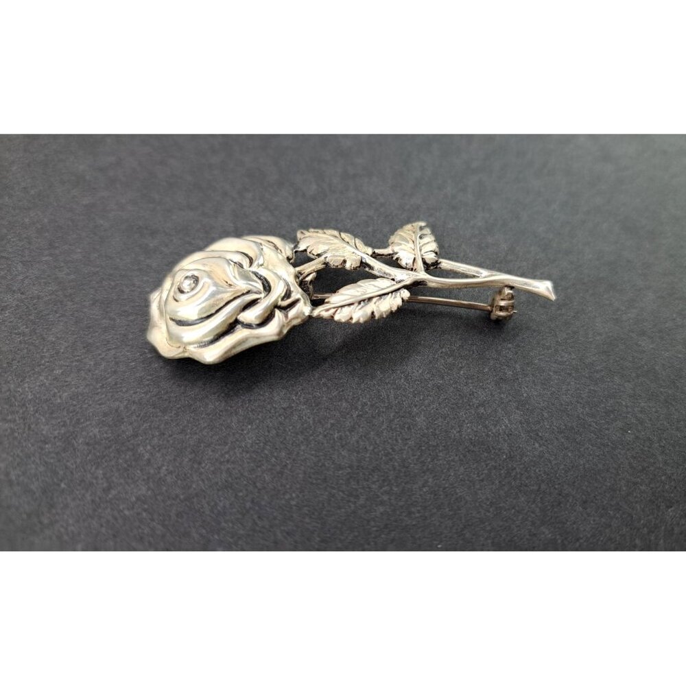 Vintage Sterling Silver Rose Brooch Pin Detailed Floral Design Floral Statement - Picture 4 of 9